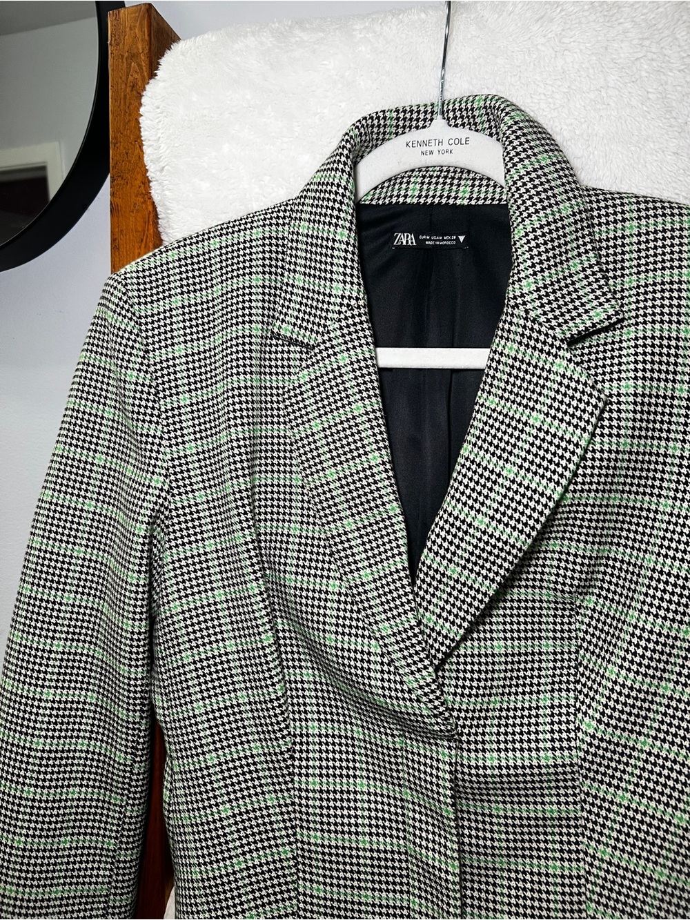 Zara Black & White Houndstooth Blazer Dress with Green Windowpane